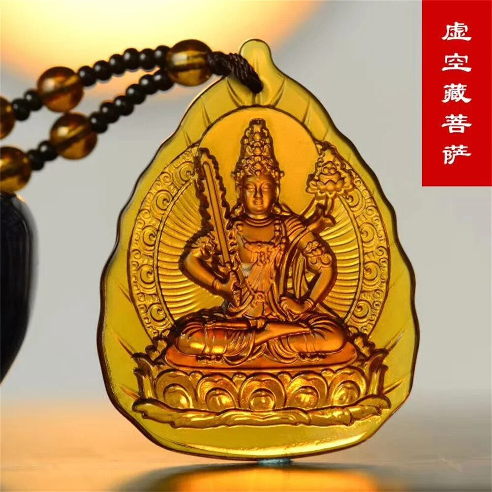 Glamour Ice Yellow Crystal Carved Talisman Buddha Buddhist Pendant Religious Necklace -