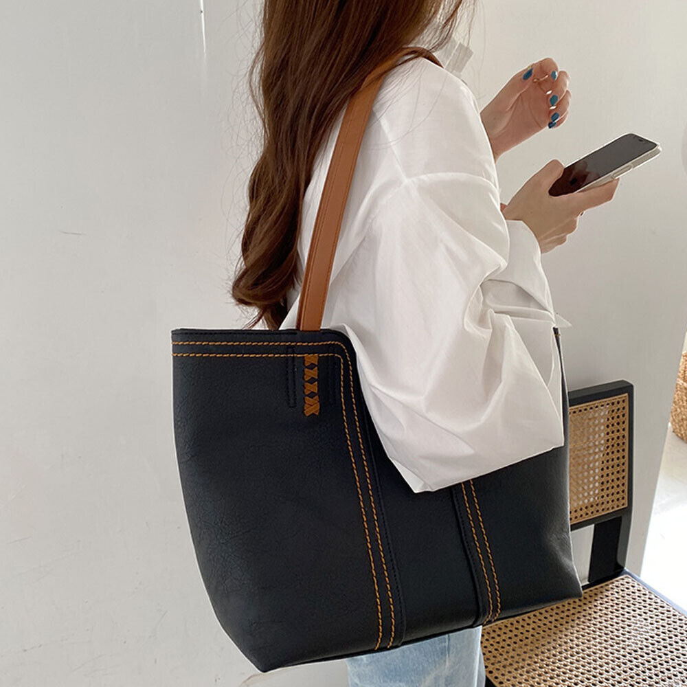 2pcs Women Soft Pebbled PU Leather Tote Bag Shoulder Handbag Crossbody Purse Set