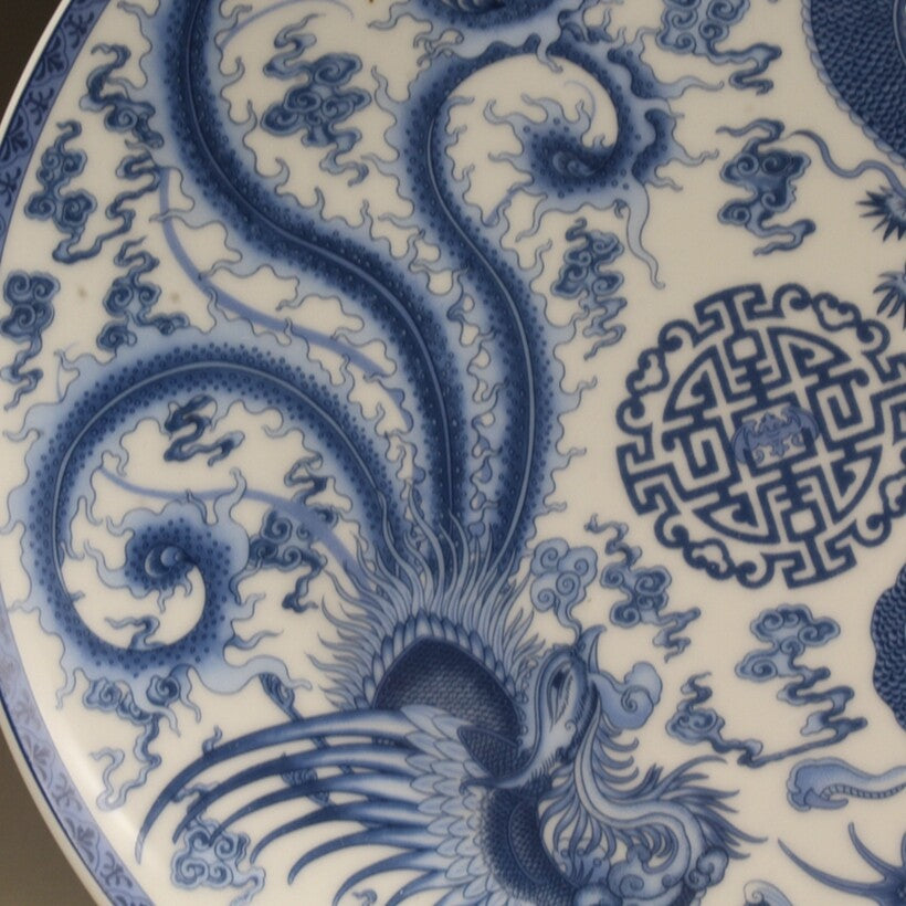 Old Chinese Blue and white Porcelain Hand painted Dragon phoenix plate