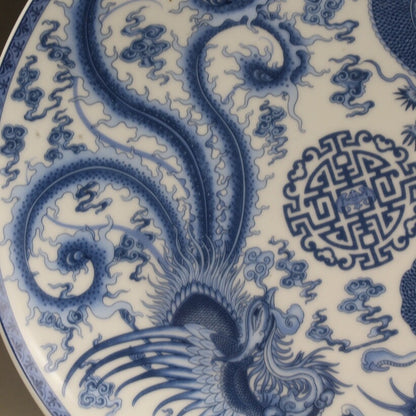 Old Chinese Blue and white Porcelain Hand painted Dragon phoenix plate