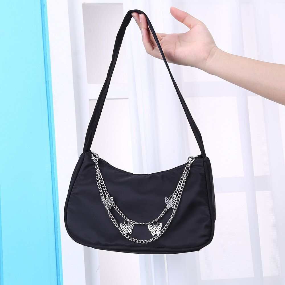 Women Small Shoulder Underarm Bag Leather Nylon Vintage Chain Zipper Handbags
