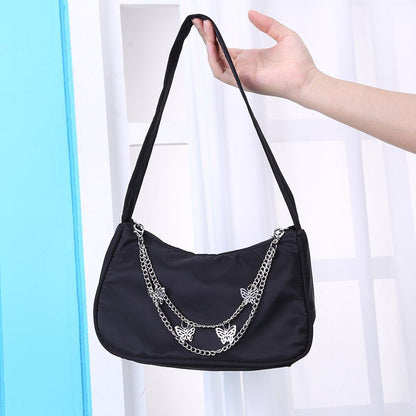Women Small Shoulder Underarm Bag Leather Nylon Vintage Chain Zipper Handbags