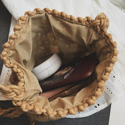 Cotton Rope Woven Shoulder Bag Handmade Knitted Bucket Bag Handbags 16*20*10 CM