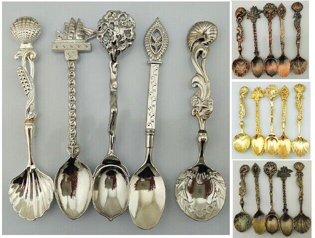5Pcs/Set Vintage Style Metal Carved Small Mini Coffee Tea Spoon Kitchen Flatware