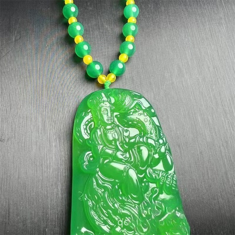 Natural Burmese Jade Imperial Green Dragon Guanyin Pendant Necklace Carving