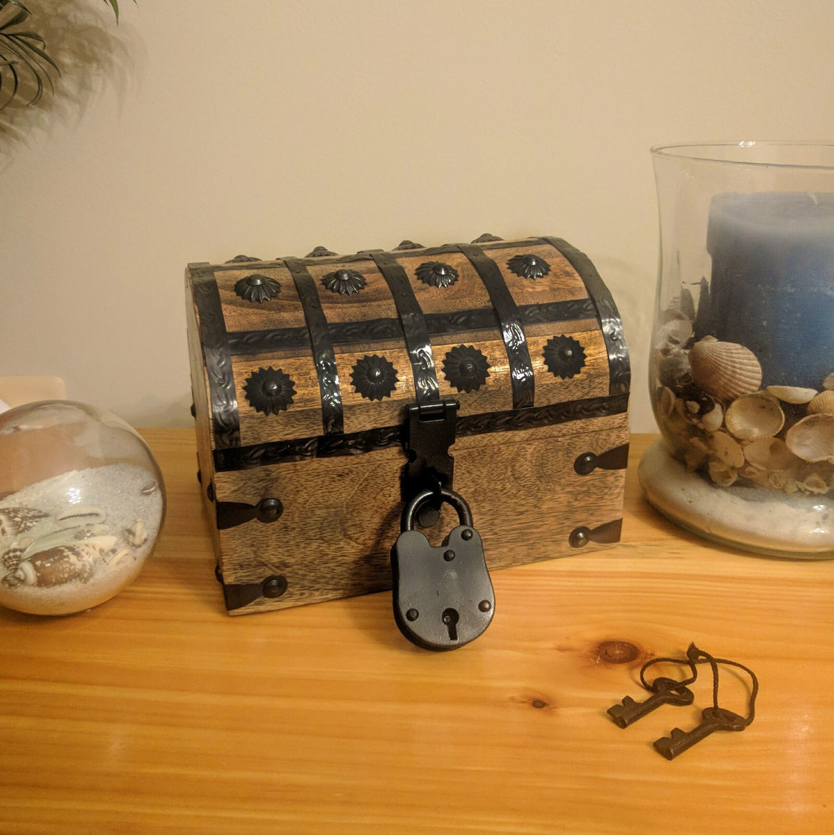 2 Pack Pirate Treasure Chest Wooden Nautical Jewelry Box + Functional Lock/Keys