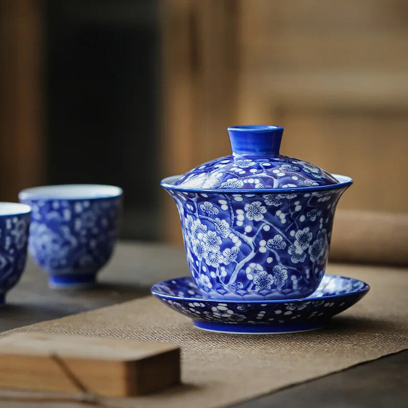 Blue and White Porcelain Gaiwan Full Color Porcelain Set Three-Piece Tea Tureen