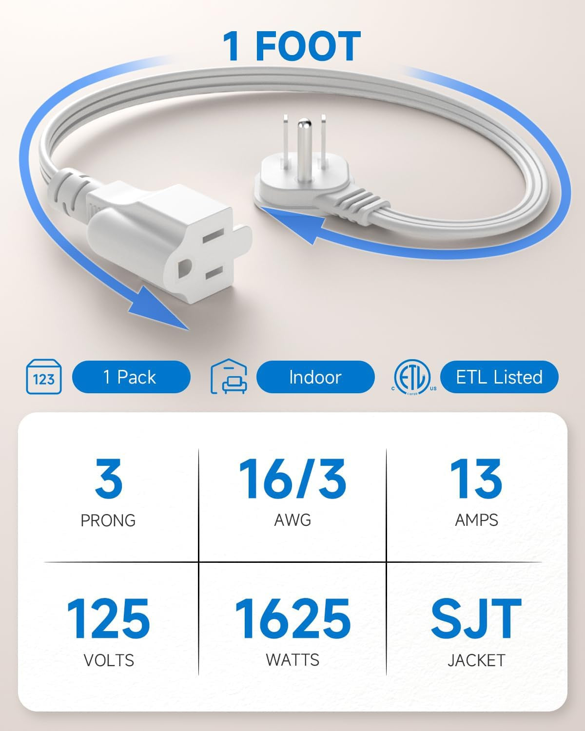 Flat Plug 1Ft Short Extension Cord, White 90-Degree Plug Low Profile Power Adapt