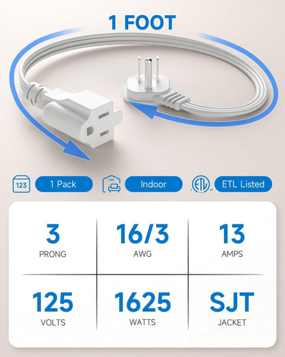 Flat Plug 1Ft Short Extension Cord, White 90-Degree Plug Low Profile Power Adapt