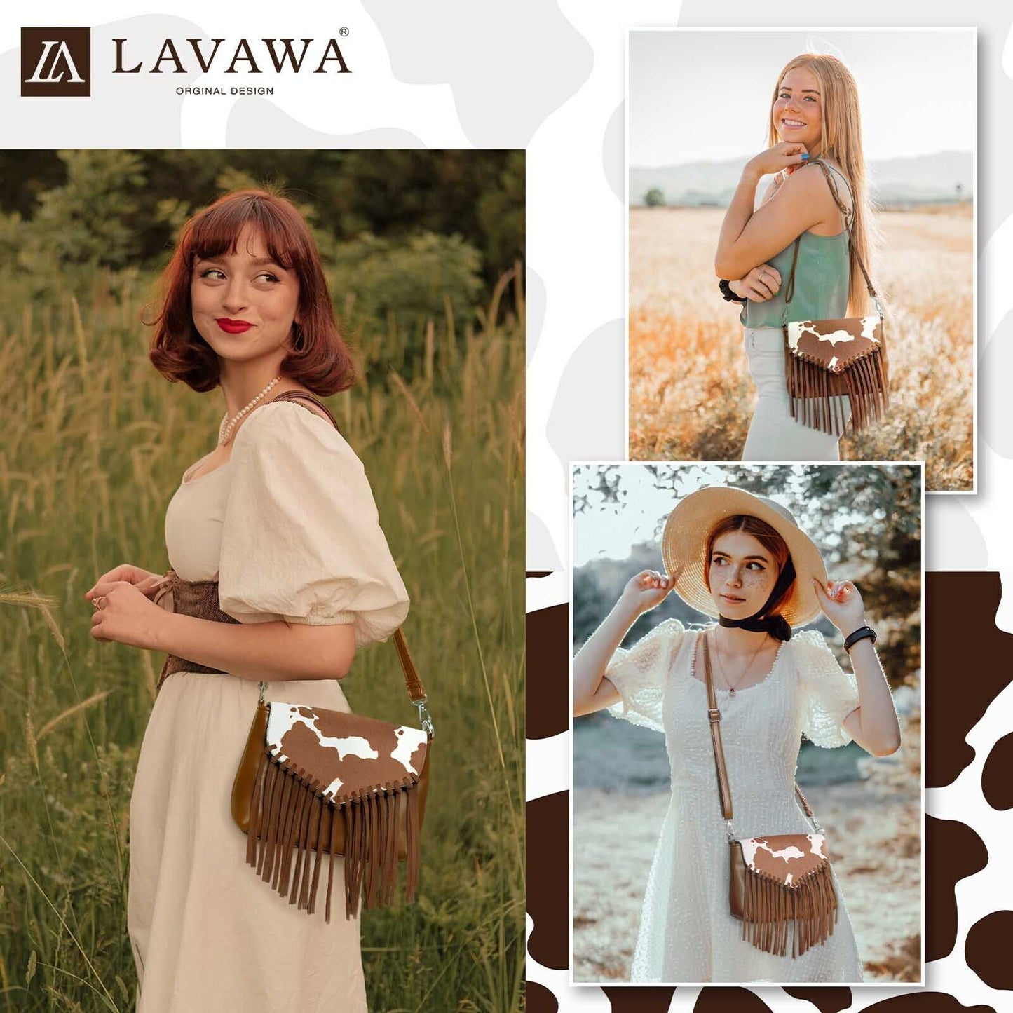 Celela Women Hair-on Cow Pattern Fringe Crossbody Handbag Shoulder Bag Purse