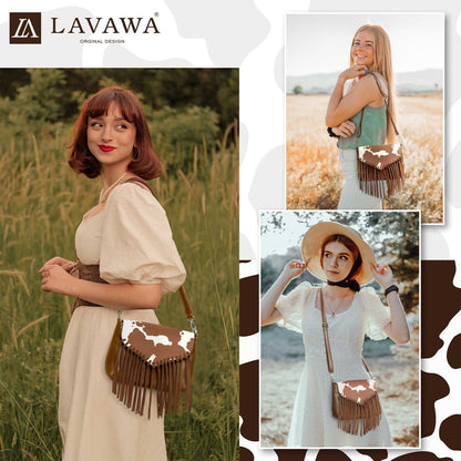 Celela Women Hair-on Cow Pattern Fringe Crossbody Handbag Shoulder Bag Purse