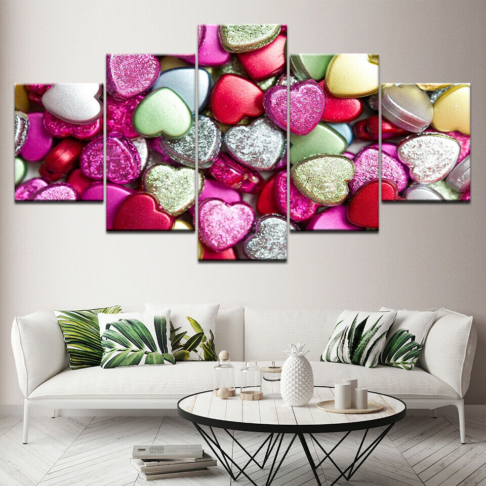 Modern Printed 5 Panel Heart Shape Stone Pictures Painting Wall No Framed