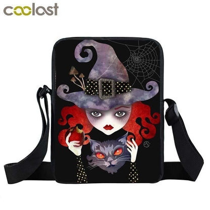 Witch Black Cat Messenger Bag Clutch Canvas Crossbody Shoulder Bags Travel Small
