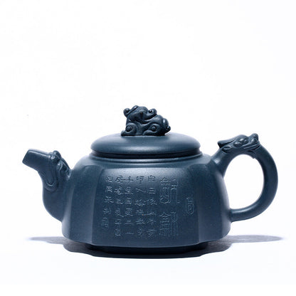 Handmade Tea Pot Marked Chinese Character Carved Master Pot Mascot Statue Zisha
