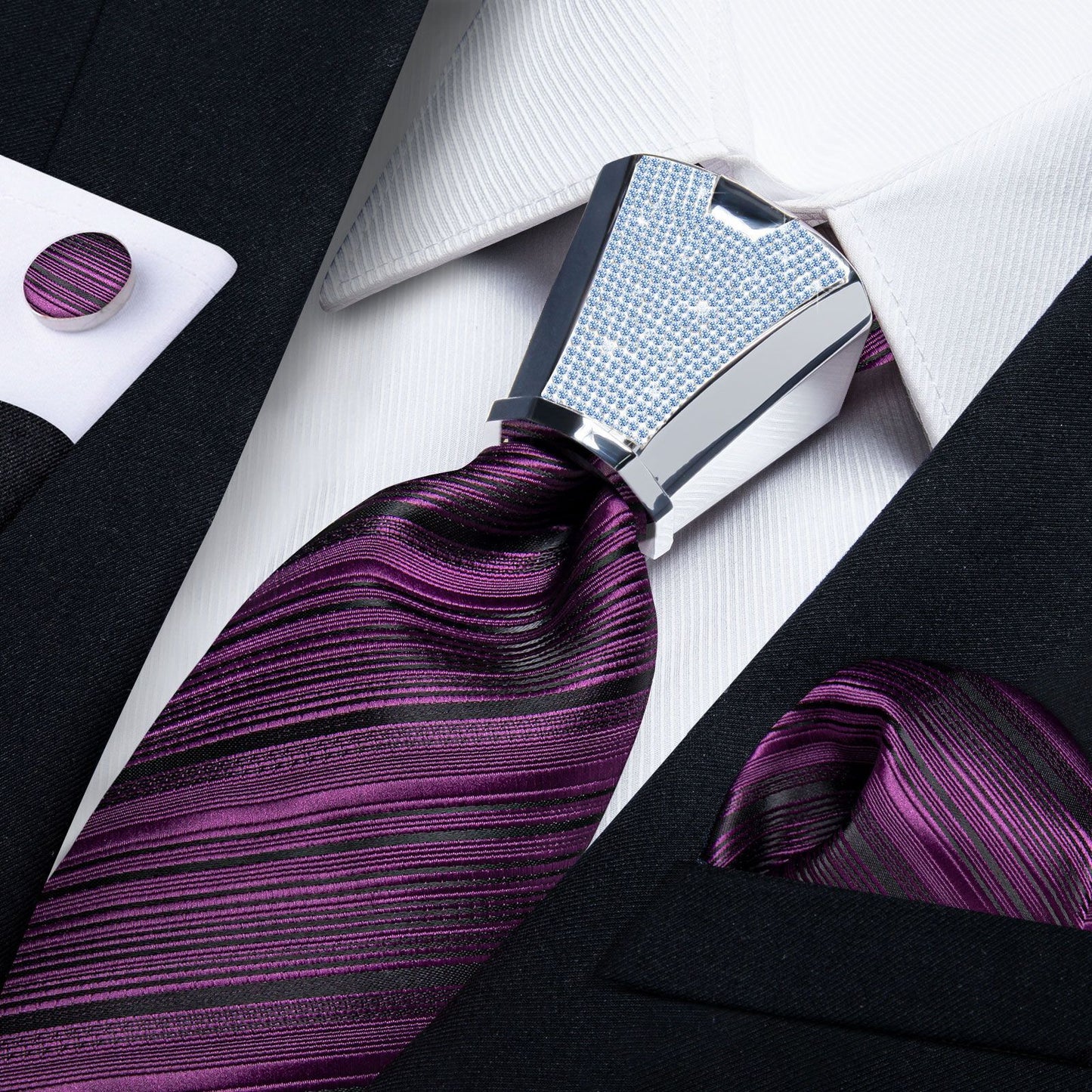 Men Necktie 3Pcs Luxury Striped Ties Cufflinks Pocket Square Wedding Accessories