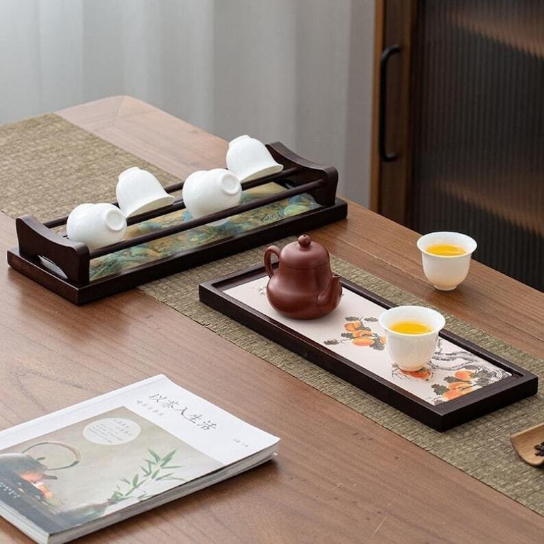 Absorbent Ceramic Tea Tray with Cup Holder|Bamboo Gong Fu Tea Tray