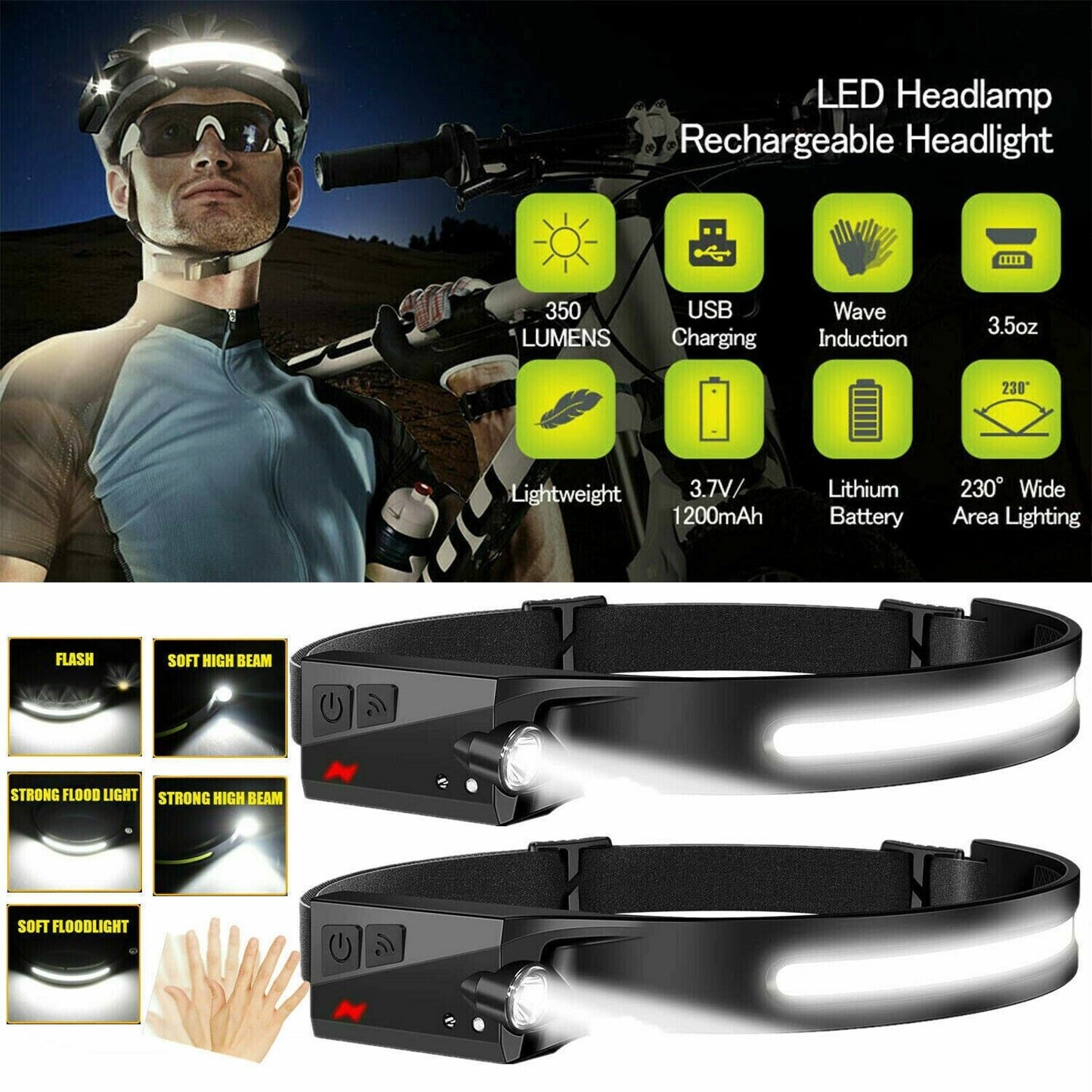 2 Lamparas LED Impermeable USB Recargable Linterna Potente de Cabeza Sport Work