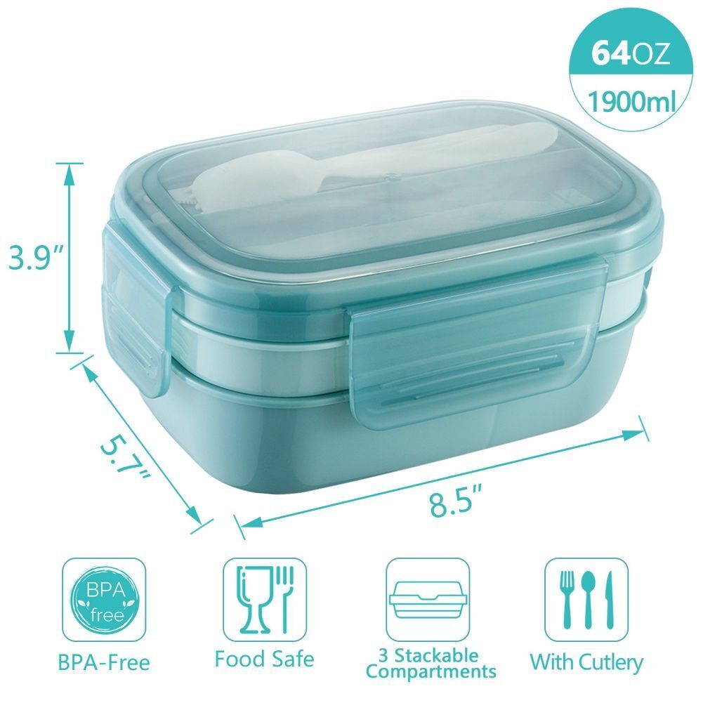 Bento Box 3 Layer Stackable Microwave Lunch Container Cutlery Set 21.5x14.5x10cm