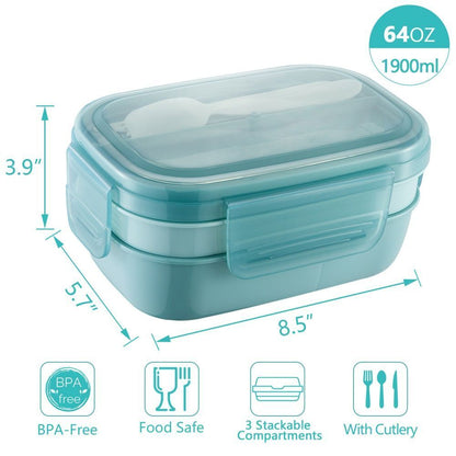 Bento Box 3 Layer Stackable Microwave Lunch Container Cutlery Set 21.5x14.5x10cm