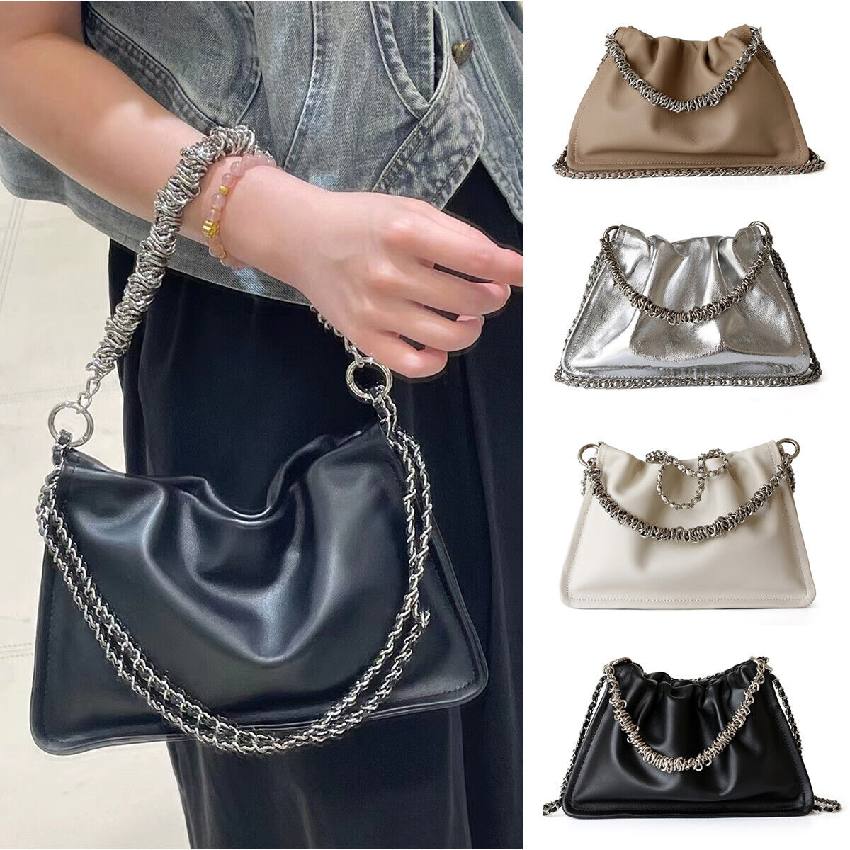 Small Real Leather Ruched Clutch Pouch Purse Tote Shoulder Bag Crossbody Chains