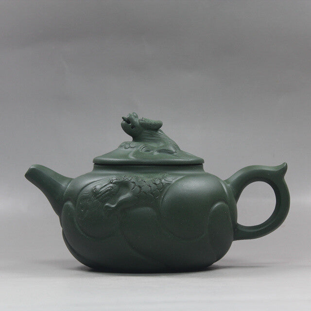 6.6” Collect Chinese Yixing Zisha Pottery Green Clay Handmade Fish Dragon Teapot