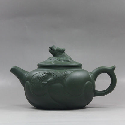 6.6” Collect Chinese Yixing Zisha Pottery Green Clay Handmade Fish Dragon Teapot