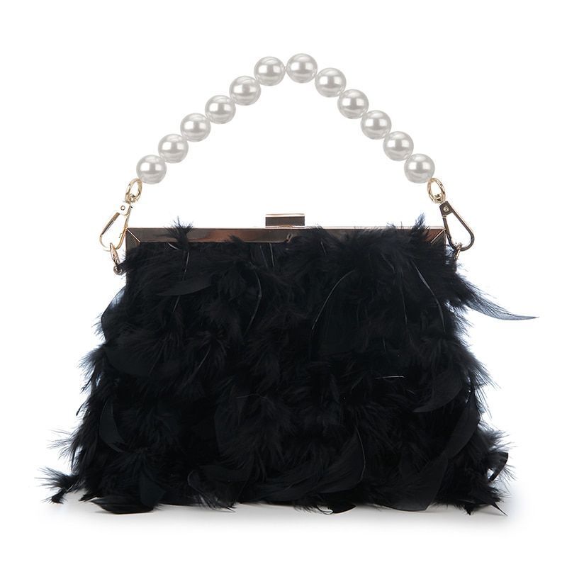 Luxury Real Feather Purse Handbag Clutch Shoulder Bags Pearl Chain 20*5*18 CM