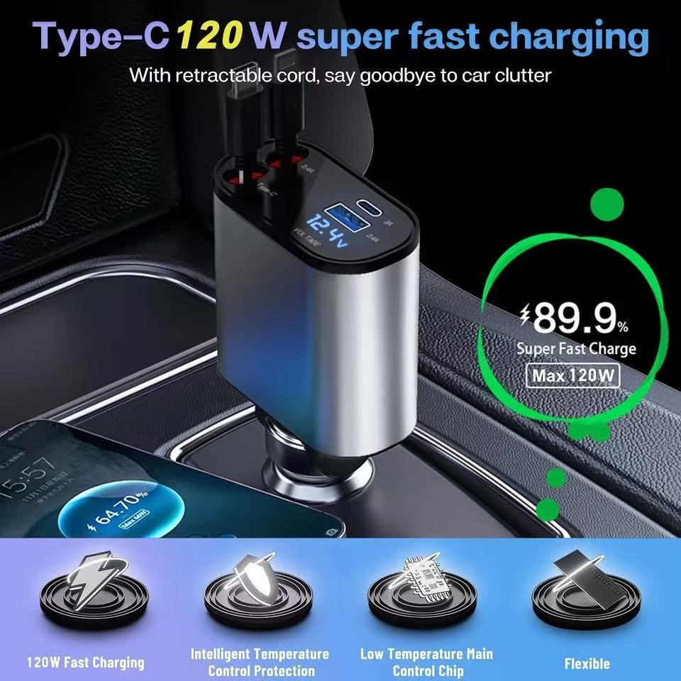 Retractable Car Charger 4in1 Fast Car Phone 16 Charger 120W USB Type C Cable Lot