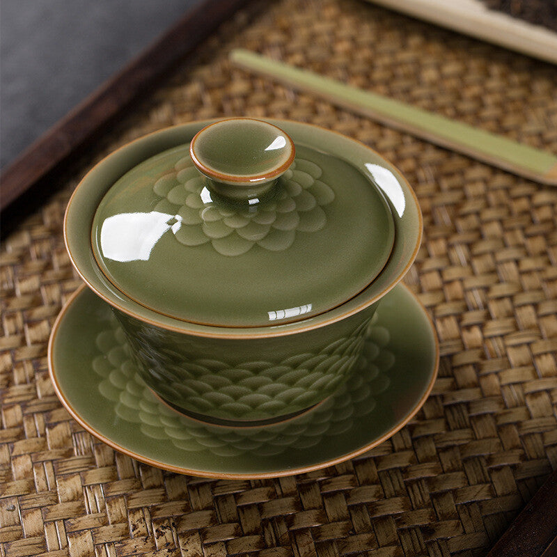 Modern Longquan Celadon Porcelain Gaiwan Chinese Tureen Covered Bowl Saucer Lid