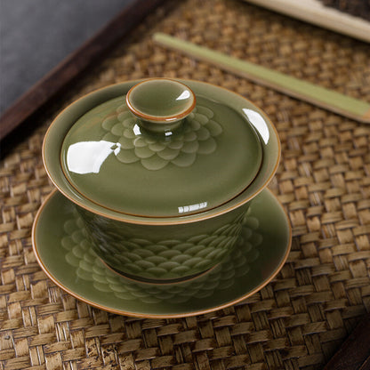 Modern Longquan Celadon Porcelain Gaiwan Chinese Tureen Covered Bowl Saucer Lid
