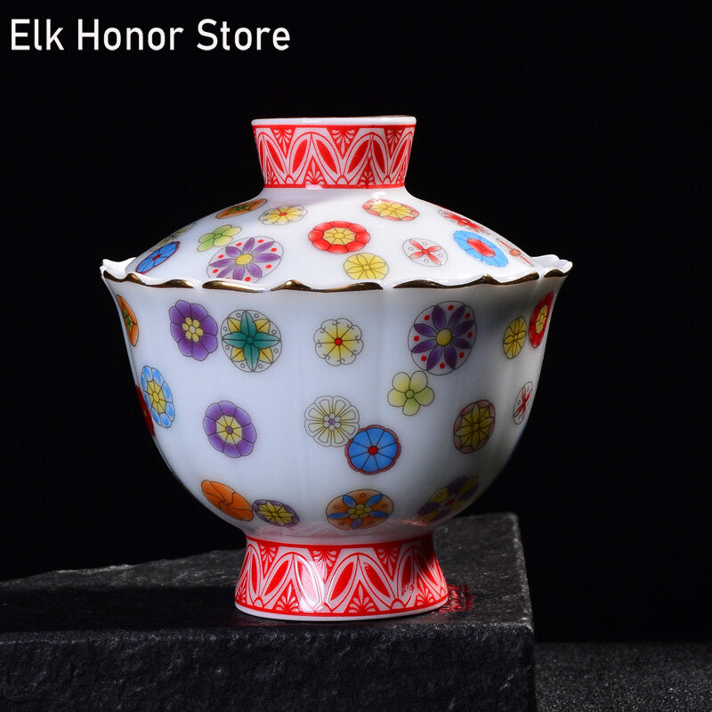 170ml Color Ceramic Pottery Sancai Covered Bowl Tea Cup Handmade Pottery Gaiwan