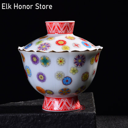 170ml Color Ceramic Pottery Sancai Covered Bowl Tea Cup Handmade Pottery Gaiwan