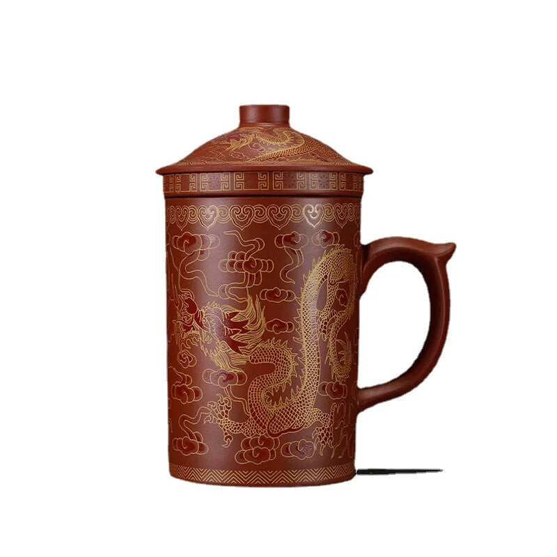 Yixing Dragon Phenix Purple Clay Tea Mug Lid Infuser Handmade Ceramic Teacup