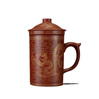 Yixing Dragon Phenix Purple Clay Tea Mug Lid Infuser Handmade Ceramic Teacup