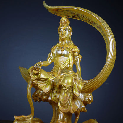 Chinese old Colored glaze（Liuli）gilt painted Yellow water moon Guanyin statue