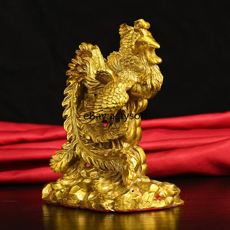5" Old China Dynasty Bronze Gilt Fengshui Dragon Beast Phoenix Bird Statue Pair