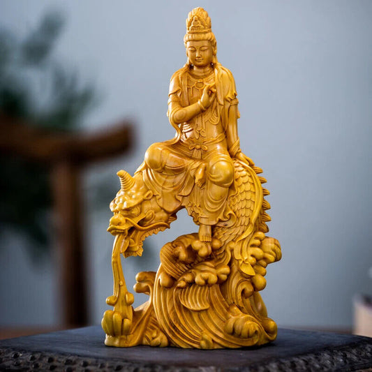 Boxwood 15cm Guan Yin Wood Buddha Statue Dragon Guanyin Bodhisattva Feng Shui