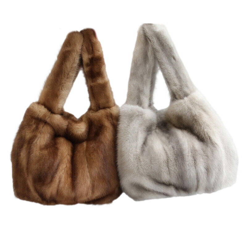 Womens Real Fur Handbag Full-pelt Mink Fur Tote Bag Genuine Sheep Leather Bottom