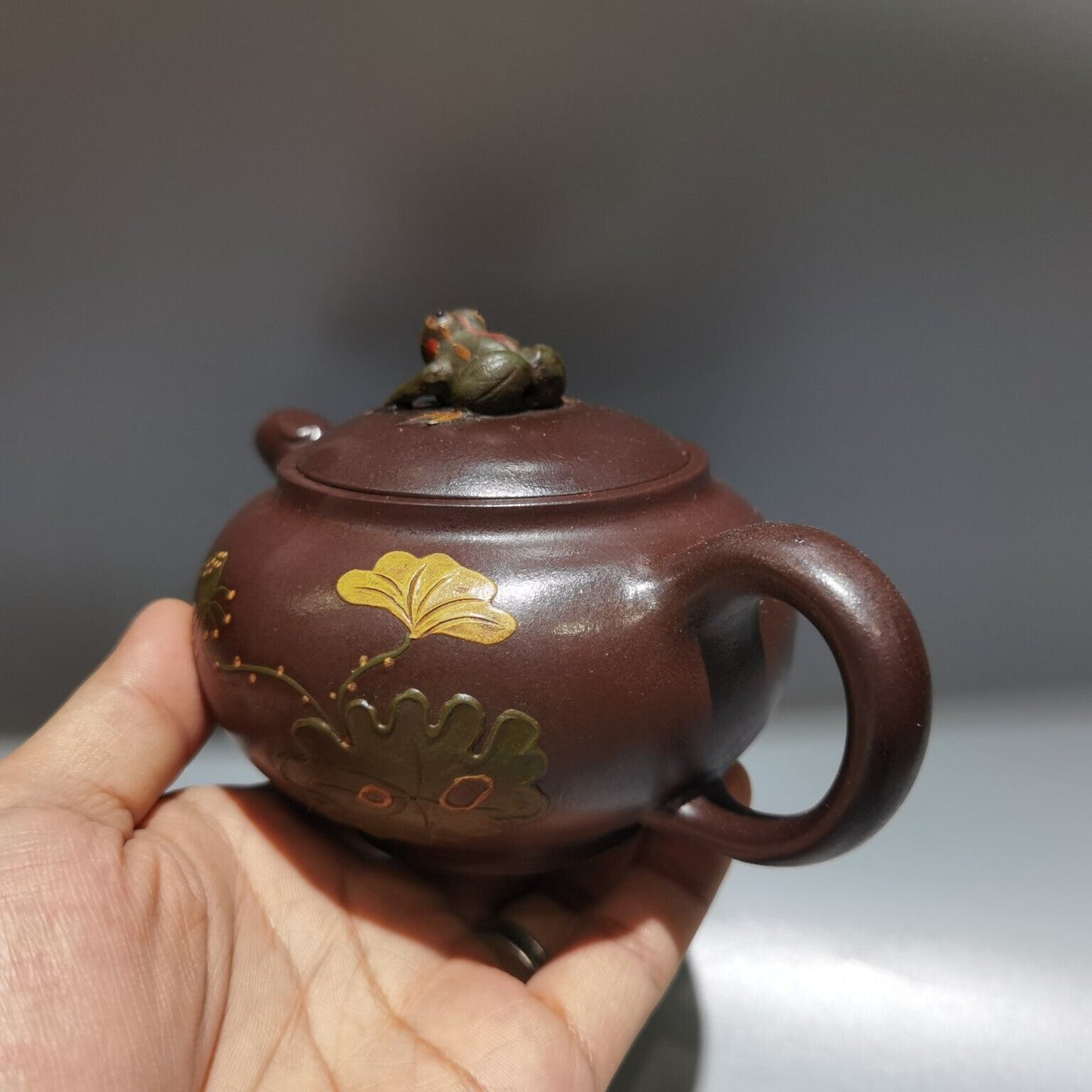 Vintage Chinese Yixing Purple Clay Teapot Zisha Ceremony Frog Lotus Leaf Tea Set