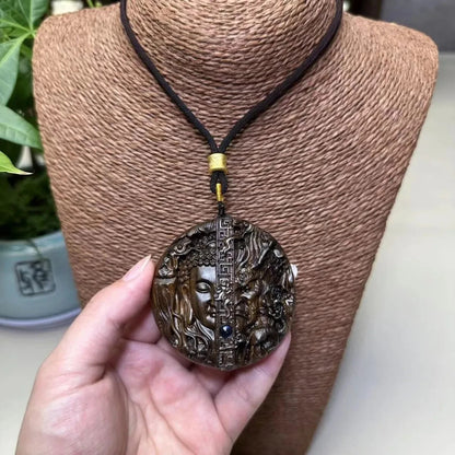 Natural Wood Carving Buddha Demon Pendant Men Woman Lucky Gift Sweater Necklace