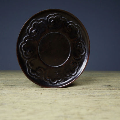 Antique Style Sandalwood Carved Xiangyun Ruicai Tea Coaster Cup Pad Decor 9cm