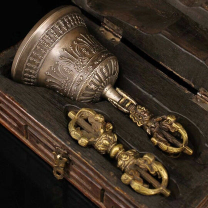 Chinese Temple Collection Old Copper Handmade Build Bell Vajra + Box