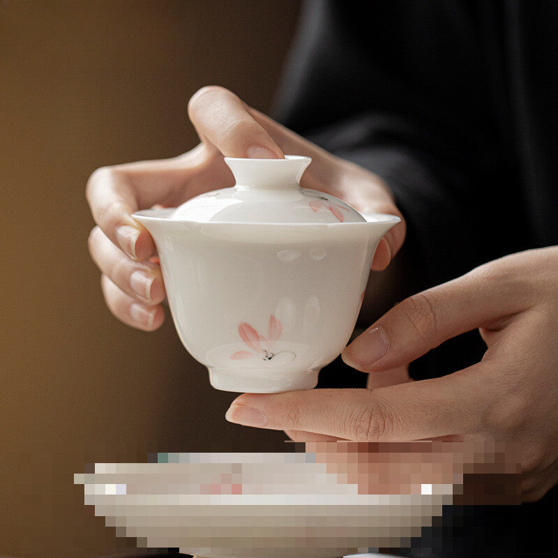 Porcelain Cover Bowl Household Hand Drawn Orchids Gaiwan Anti Scald Tea Tureen