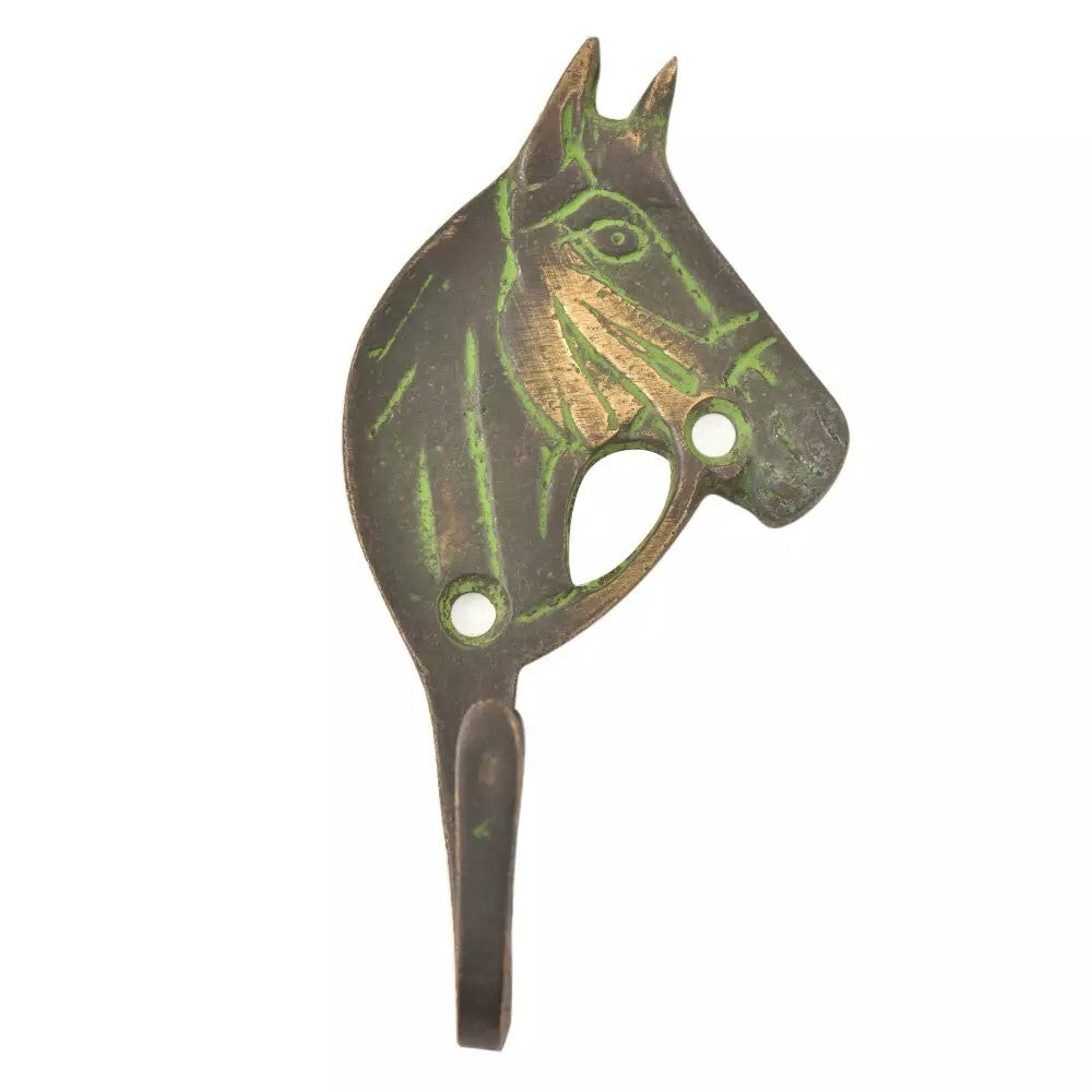 Antique Patina Look Brass Western Horse Design Single Hook Clothes Hat Hanger