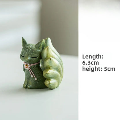 Green sandstone nine-tailed fox tea pet green tea statue ornament -
