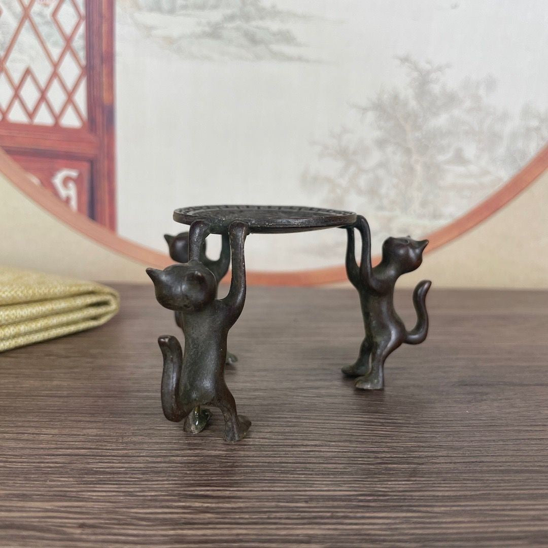 Vintage Three Cats Alloy Teapot Lid Holder Tea Set Ornament Base