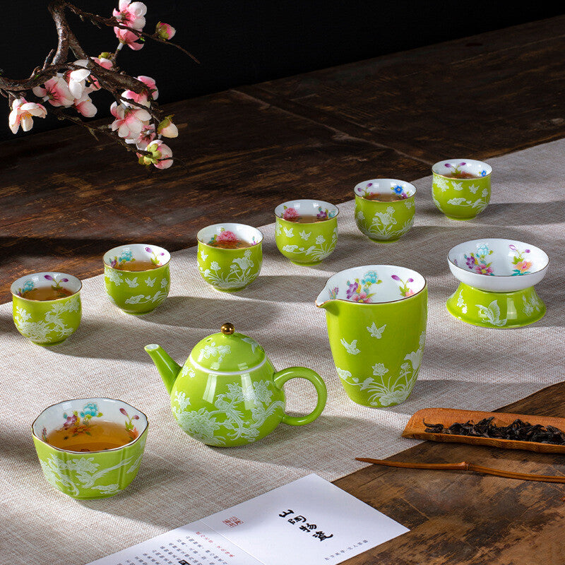 Chinese Tea Set Porcelain Tea Pot Floral Print Gaiwan Cup Pitcher Strainer New