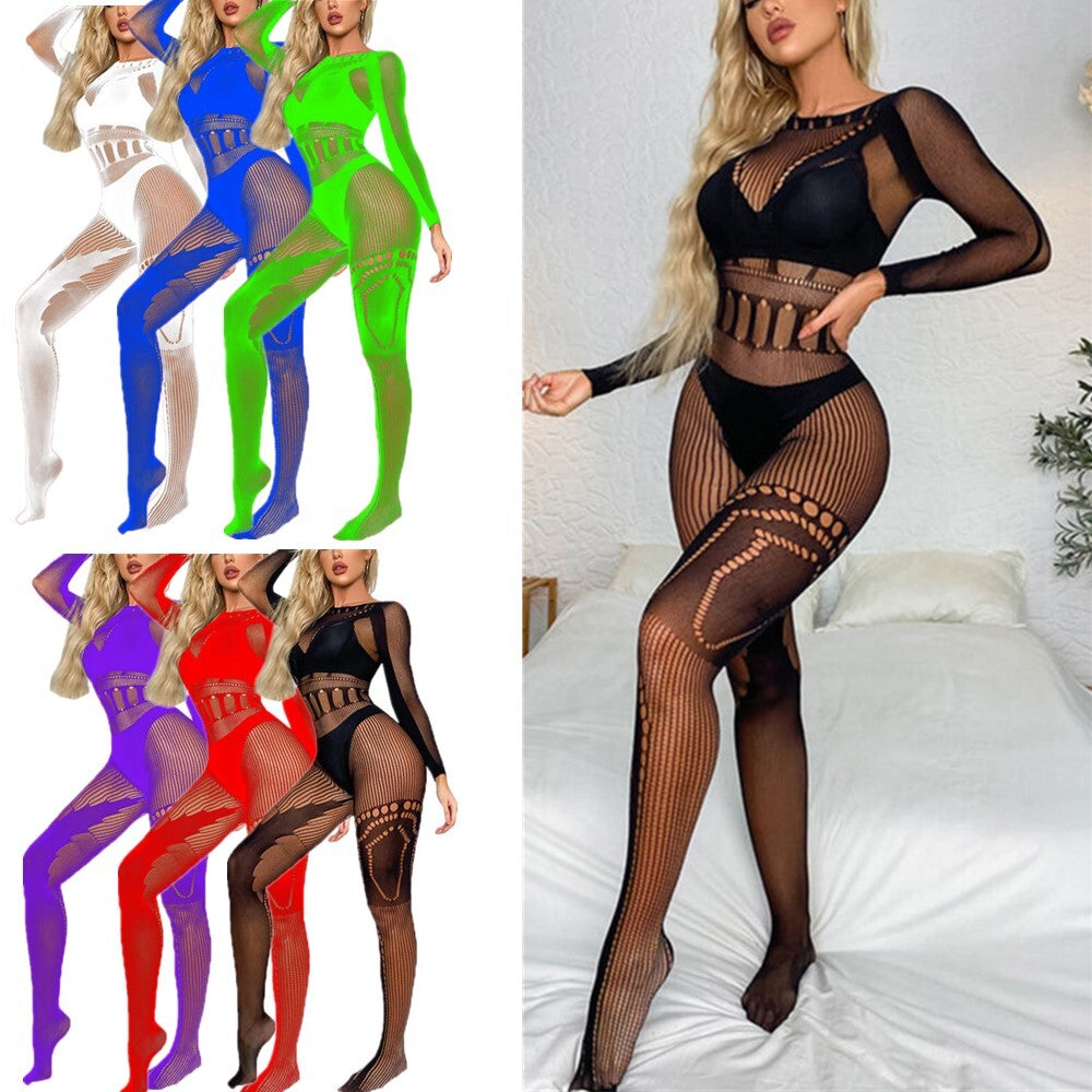 Sexy Women's Fishnet Mesh Full Bodysuit Long Sleeve Jumpsuits Bodystocking