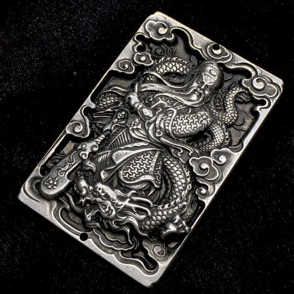 Old Chinese Tibet Silver Handcarved Dragon Guan Yu Pendant Waist Token
