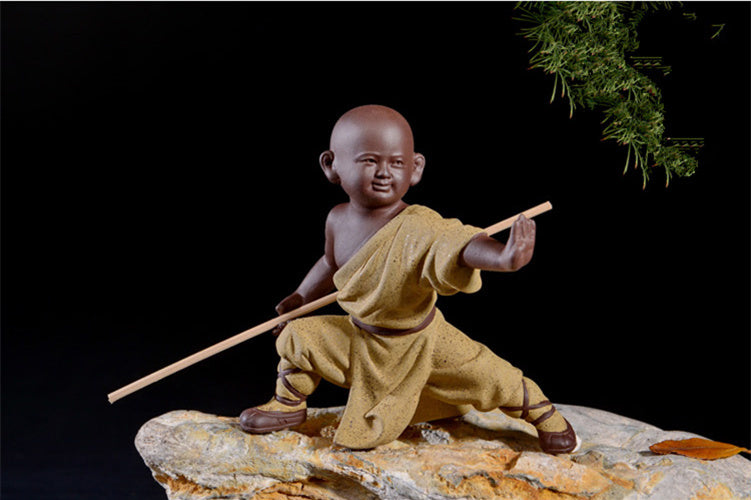 Chinese Shao Lin Monk Kungfu Posture Statue Zisha Purple Clay Boy On Tea Tray